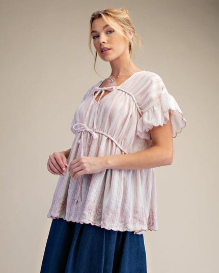 Striped Double Tie Front Scallop Short Sleeve Embroidered Bottom Top