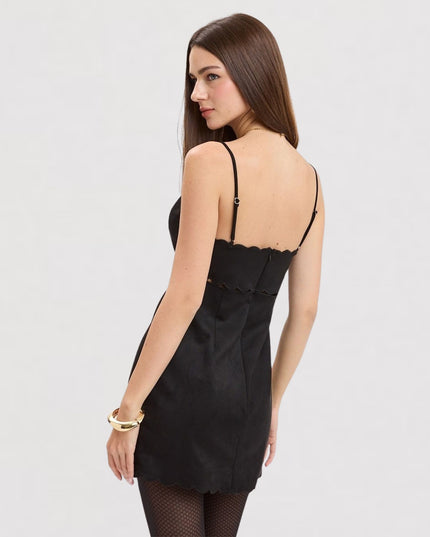 Suede Scallop Cut V Neck Mini Dress