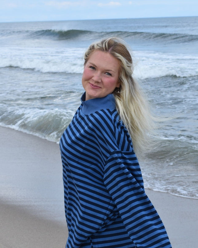 Striped Mock Neck Sunshine Daydream Sleeve Patch Logo Lightweight Terry Sweatshirt Navy