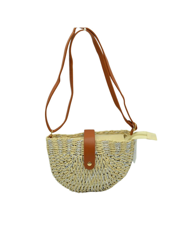 Metallic Detail Half Circle Straw Crossbody Handbag