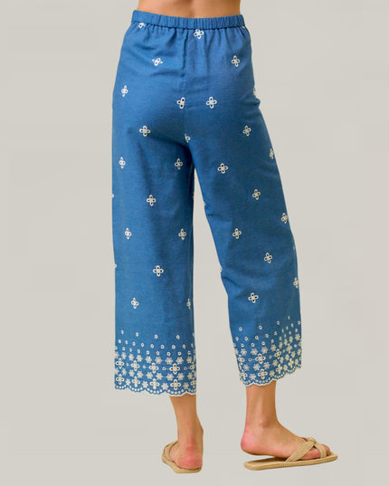 Scallop Embroidered Back Elastic Waist Chambray Pants