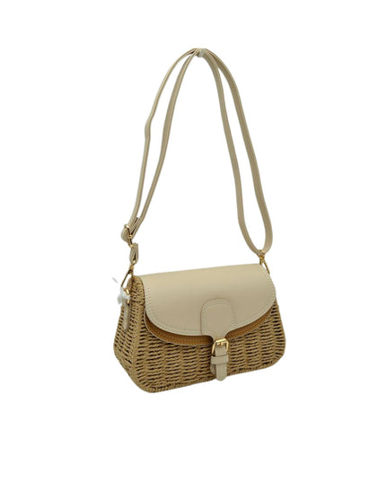 Belt Closure Leather & Structure Straw Crossbody Bag