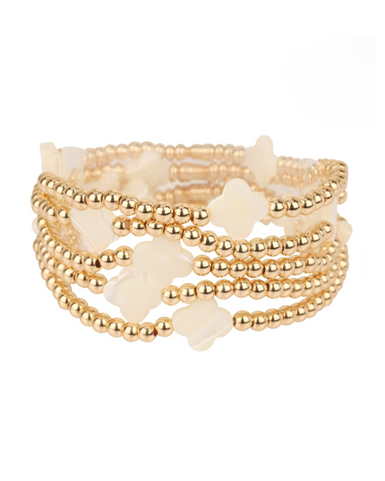 Spaced White Shell Quatrefoil Clover Ball Bead 5 Bracelet Set