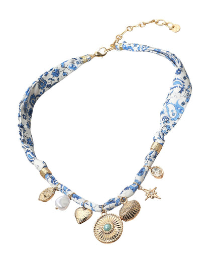 Blue White Printed Fabric Disc Shell Heart Locket Charm Necklace