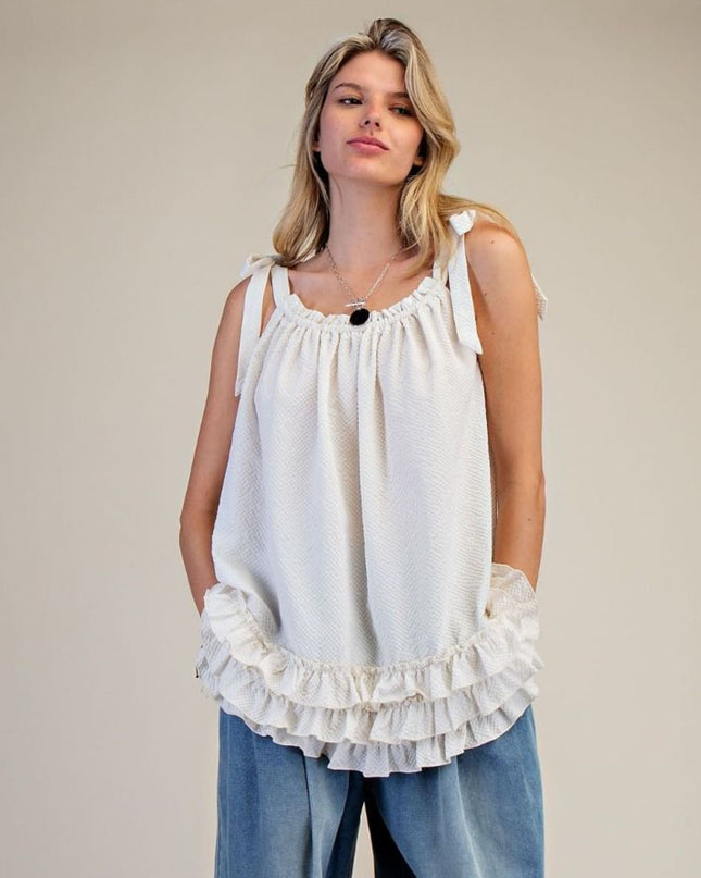 Triple Ruffle Bottom Textured Tie Shoulder Top