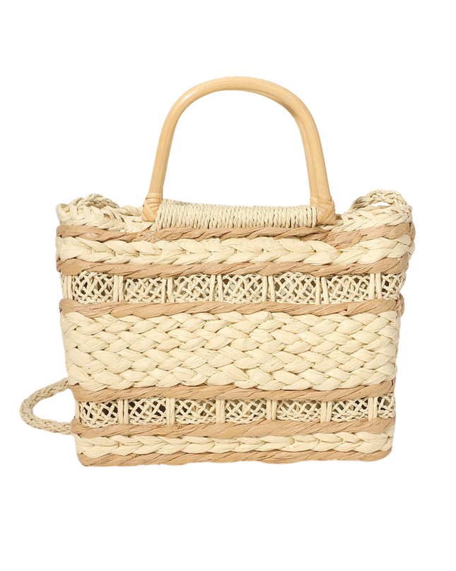 Wooden Top Handle Weave Straw Tote Crossbody Bag