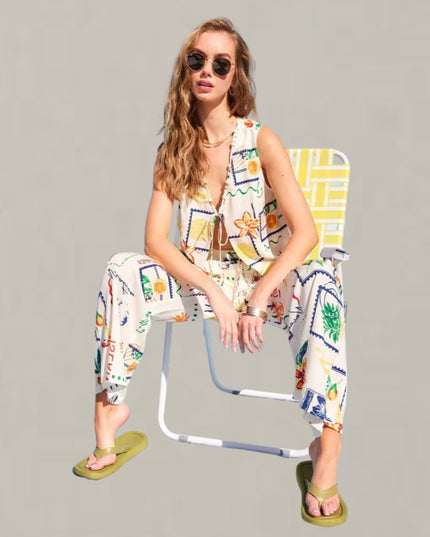 Tie Front Island Summer Print Sleeveless Top