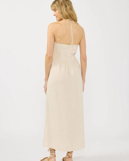 Arwen Squared Tie Halter Neck Smocked Side Slit Maxi Dress