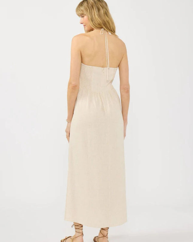 Arwen Squared Tie Halter Neck Smocked Side Slit Maxi Dress