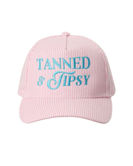Tanned & Tipsy Embroidered Seersucker Stripe Trucker Hat