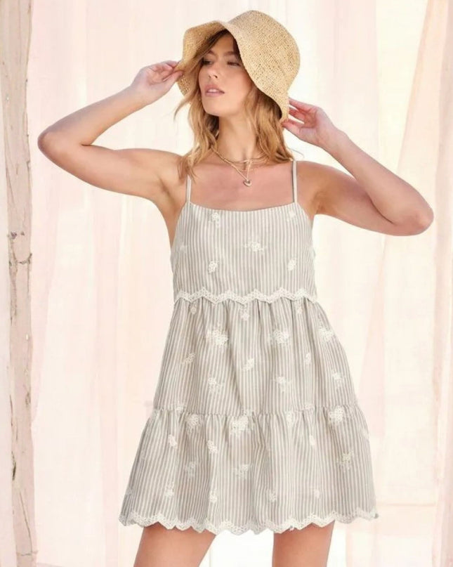 Embroidered Striped Scallop Trim Spaghetti Strap Mini Dress