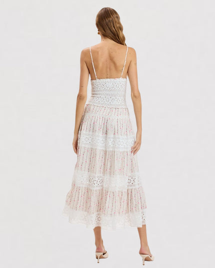 Breezy Floral Stripe Embossed Lace Spaghetti Strap Midi Dress