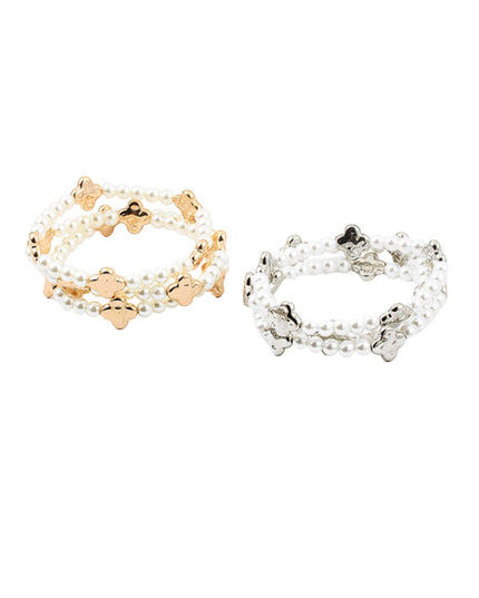 Spaced Metal Clover Pearl 3 Bracelet Set