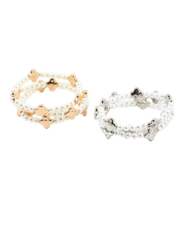 Spaced Metal Clover Pearl 3 Bracelet Set