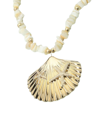 Gold Sea Shell Starfish Stone Beaded Necklace