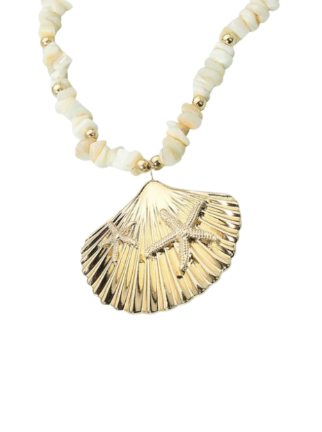 Gold Sea Shell Starfish Stone Beaded Necklace