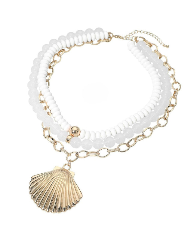Bold Seashell Pendant Layered Beaded Gold Chain Statement Necklace