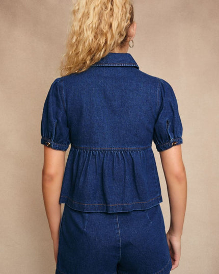 Collared Puff Short Sleeve Denim Top