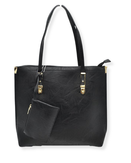 Large Tote With Gold Buckle Strap And Wristlet