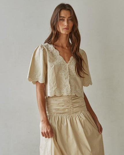 Tuscany V Neck Embroidered Short Sleeve Top