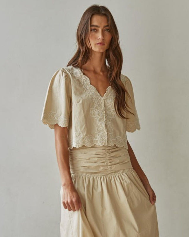 Tuscany V Neck Embroidered Short Sleeve Top