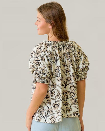 Floral Printed Tie Neck Bubble Short Sleeve Top