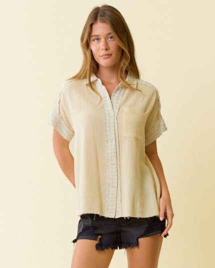 Contrast Stripe Detail Button Down Short Sleeve Top