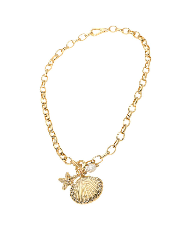 Seashell Starfish Pearl Charm Toggle Chunky Chain Necklace