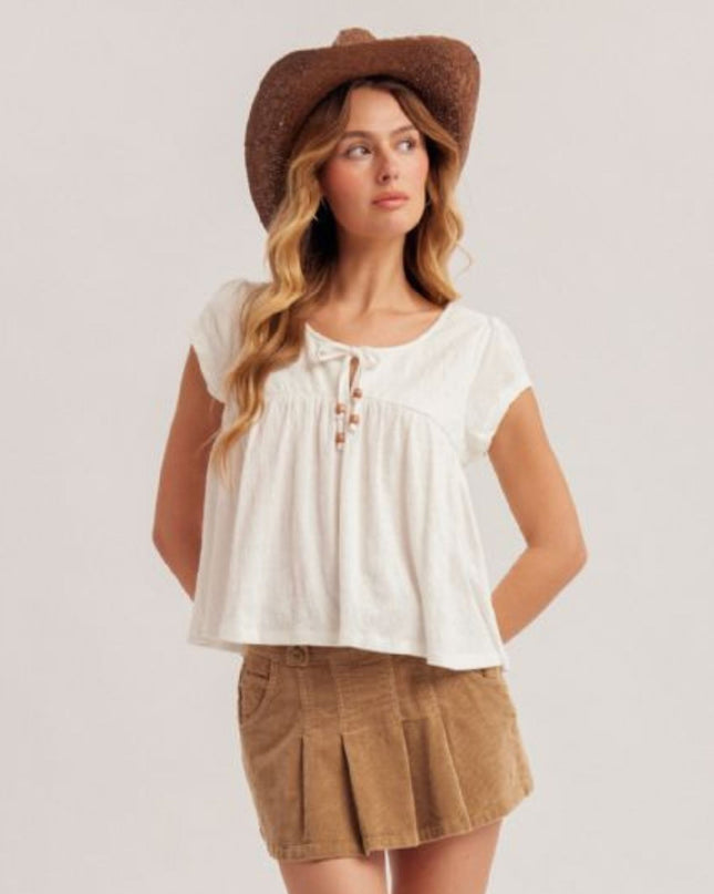 Notched Neckline Beaded Tassel Cap Sleeve Knit Babydoll Top