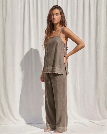 Embroidered Hem Elastic Waist Pants
