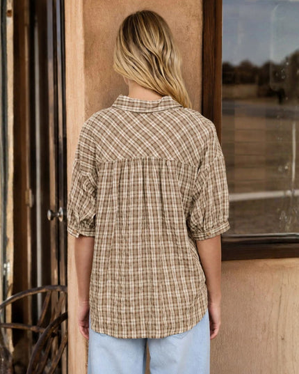 Plaid Half Sleeve Collared Button Down Top