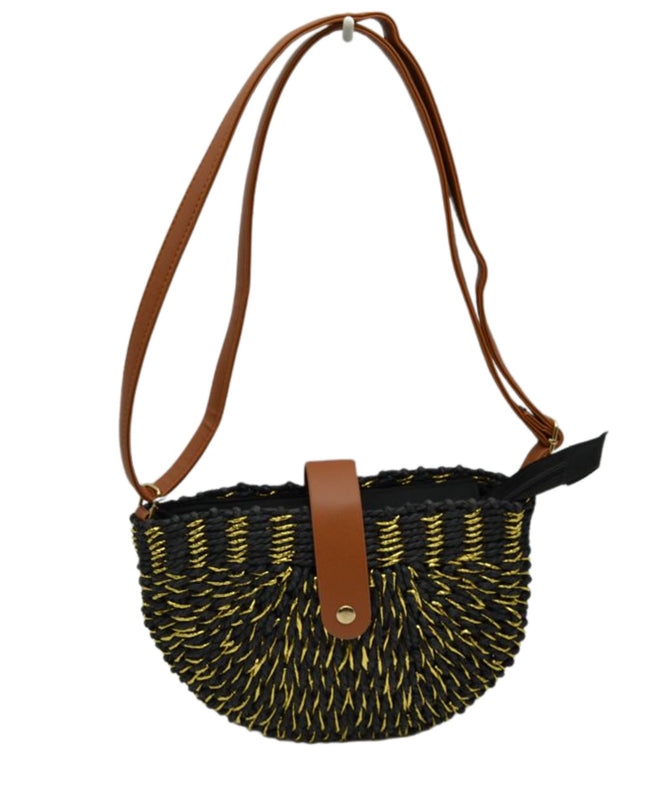 Metallic Detail Half Circle Straw Crossbody Handbag