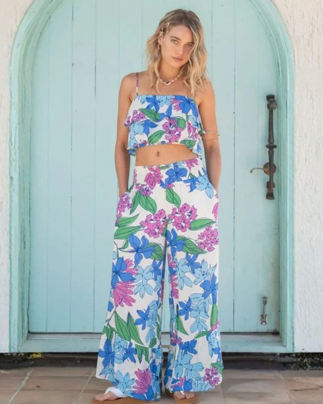 Elastic Waist Floral Printed Wide Leg Ruffle Hem Pants