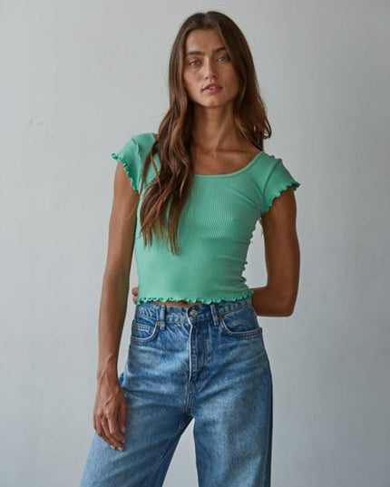 Merrow Ruffle Edge Ribbed Cap Sleeve Crop Top