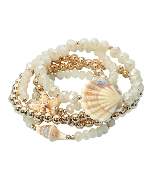 Starfish Shell Faceted Beaded Gold Metal Layered Bracelets 5 Set