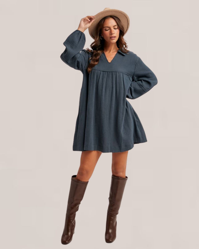 Collared Long Sleeve Flowy Babydoll Mini Dress