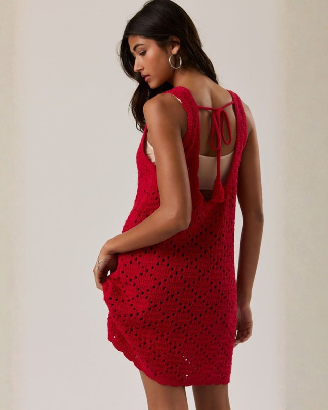 Tie Back Boat Neck Sleeveless Crochet Mini Dress