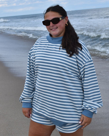 Striped Mock Neck Sunshine Daydream Sleeve Patch Logo Lightweight Terry Sweatshirt Dusty Blue