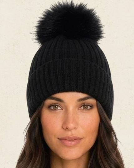 Oversized Pom Pom Ribbed Winter Beanie Hat