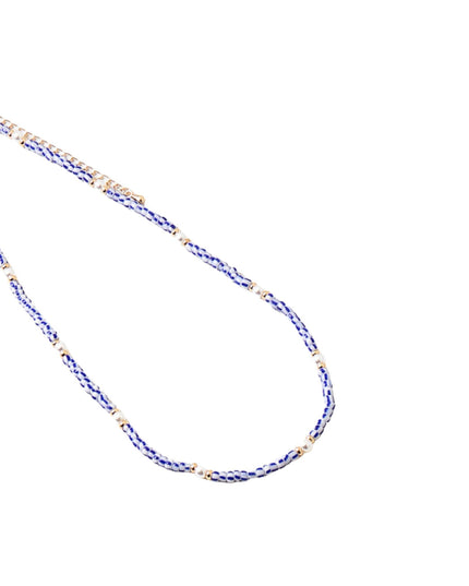 White Blue Stripe Beaded Pearl Metal Bead Necklace
