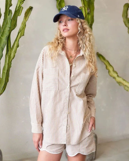 Pocket Front Striped Long Sleeve Button Down Top