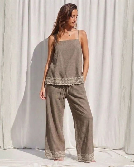 Embroidered Hem Elastic Waist Pants