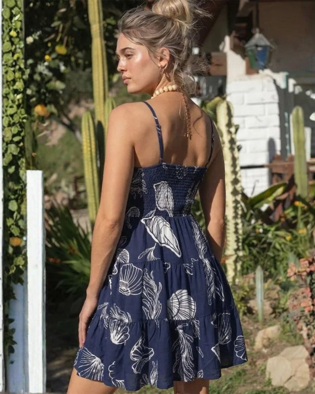 Seashell Printed Spaghetti Strap Smocked Back Mini Dress