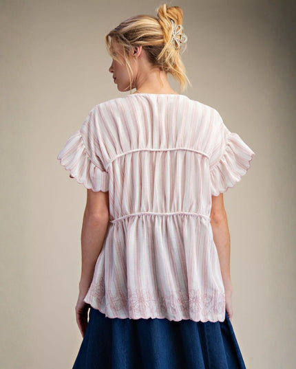 Striped Double Tie Front Scallop Short Sleeve Embroidered Bottom Top