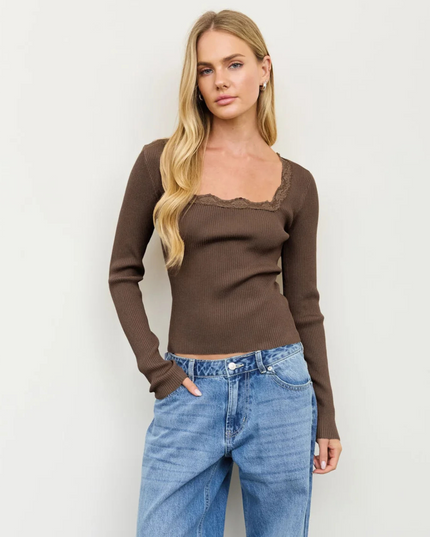 Square Neck Lace Trim Ribbed Sweater