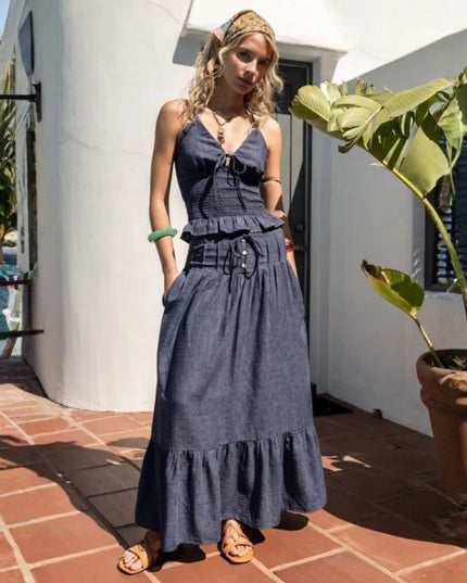 High Waist Drawstring Smocked Back Denim Maxi Skirt