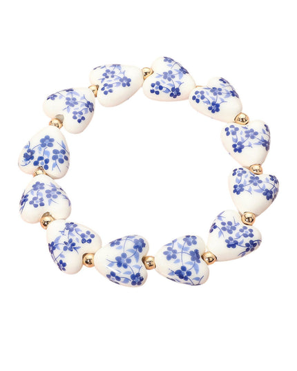 Blue Floral Heart Beaded Metal Ball Bracelet