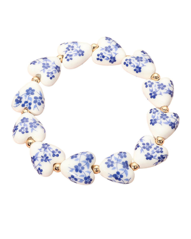 Blue Floral Heart Beaded Metal Ball Bracelet