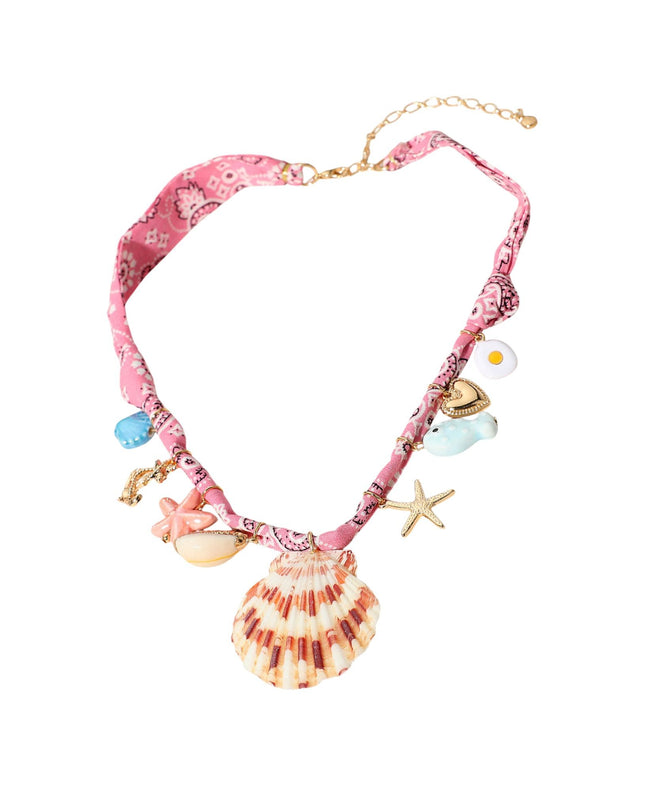Seashell Starfish Anchor Heart Charm Station Bandana Fabric Statement Necklace