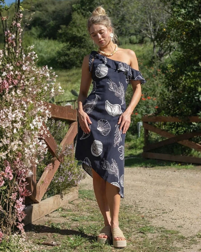 Seashell Printed Ruffle One Shoulder Asymmetrical Midi Dress